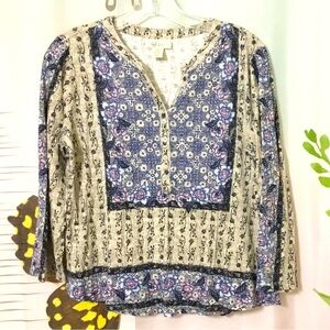 Style & Co Shirt Women’s Petite Medium Blue & Tan Long Sleeve Tunic Blouse